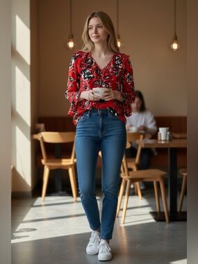 Red Floral Ruffle Blouse Tie Neck Flounce Sleeve Size M